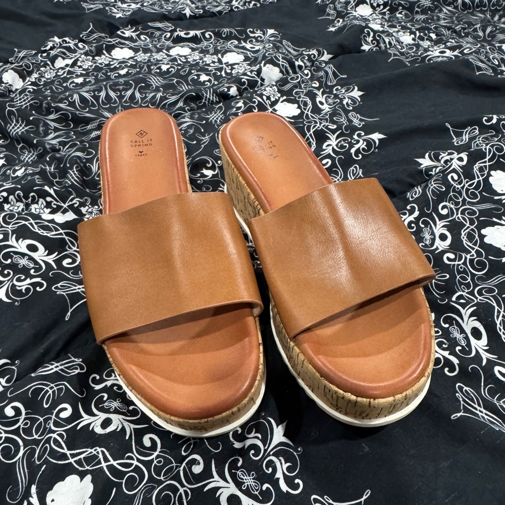 Call It Spring Tan Platform Slides